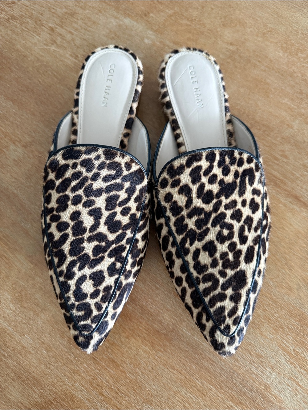 Cole Haan Leopard-Print Pointed Toe Mules in Brown and Cream